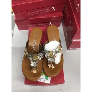 Italian shoemakers brand handmade 2” wedge sandals size 6 metallic floral gems